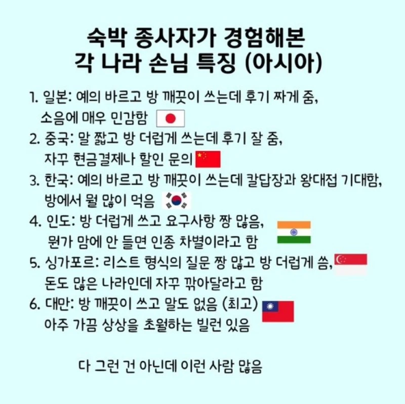 숙박업자가 말하는 각 나라별 투숙객 특징