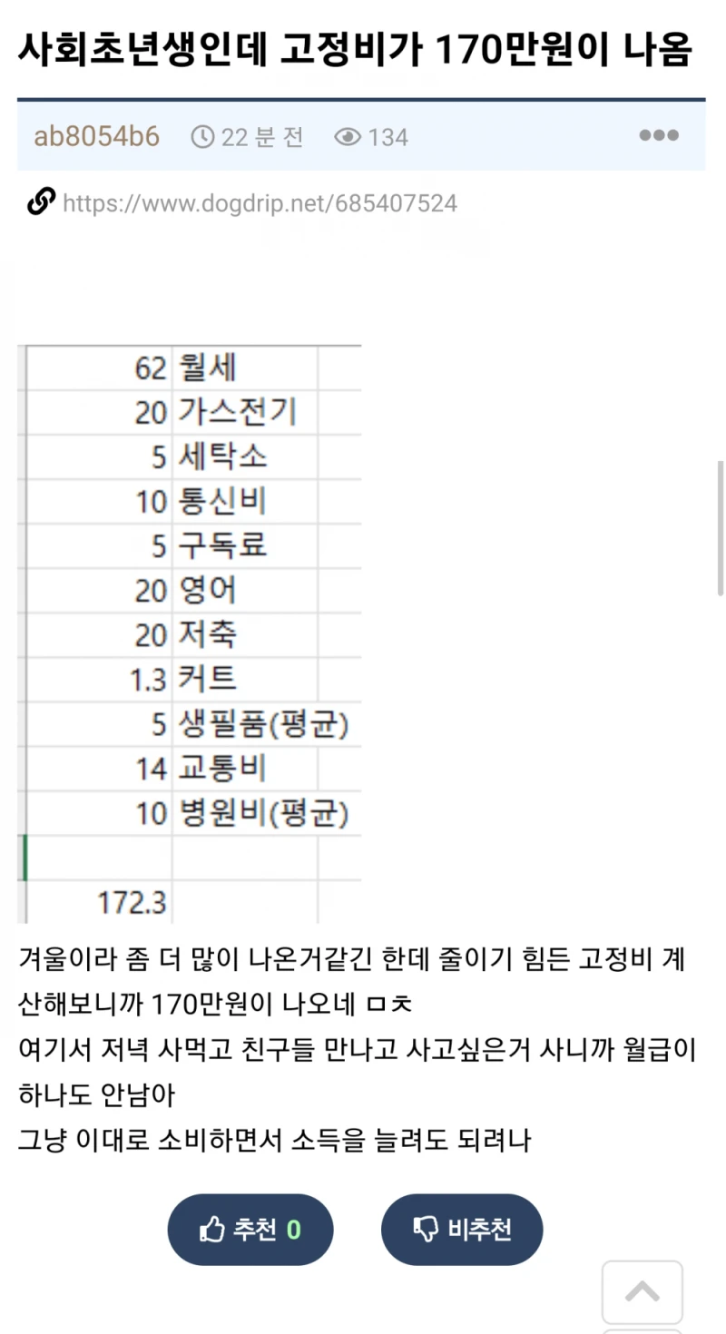 고정비가 170만원 나간다는 사회초년생